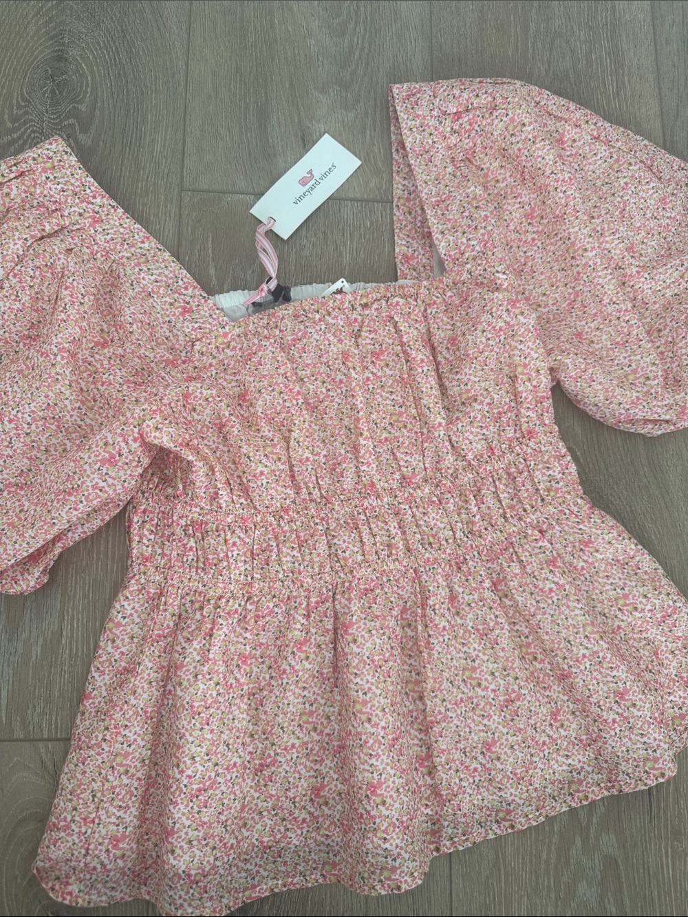Vineyard Vines Silk & Cotton Pink Floral Square Neck Puff Sleeve Smocked Top